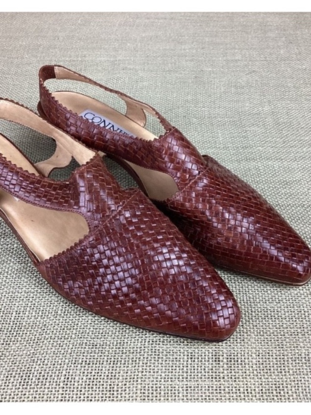 CONNIE Brown Woven Leather Slingback Low Block Heel Sandals Made in Brazil 9.5